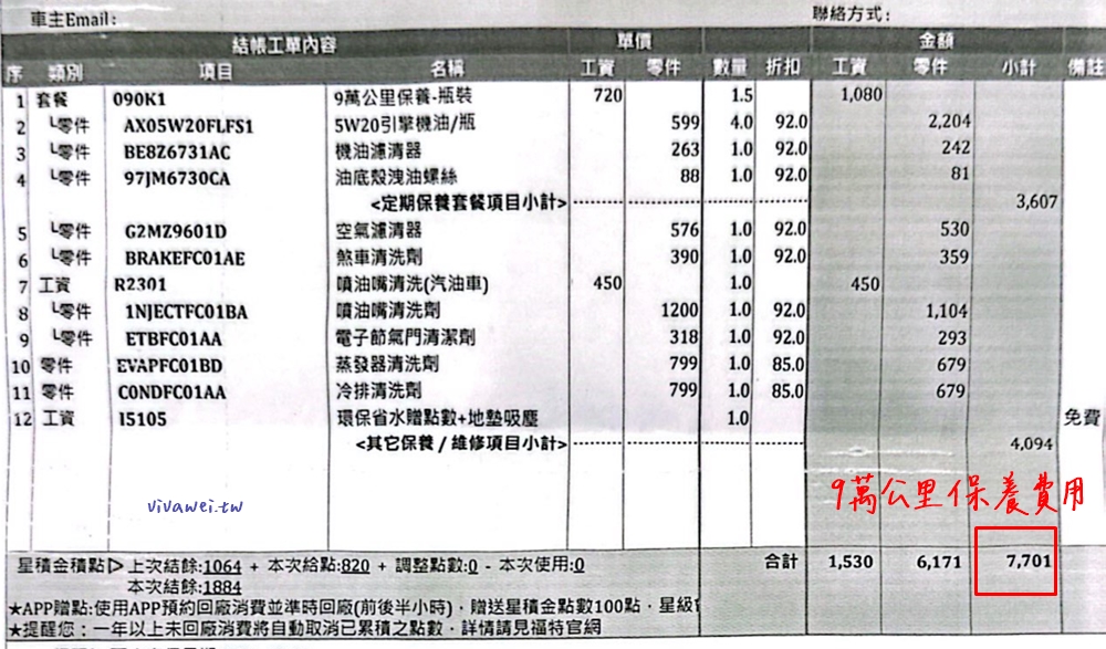 『Ford Kuga EcoBoost182 CP360型』9萬公里原廠保養工單&價格(福祐汽車中園廠)