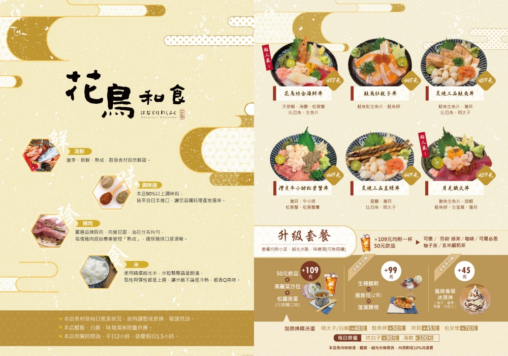 苗栗市美食｜『花鳥和食』2026最新菜單！豪華生魚片丼飯、握壽司、手捲一次滿足～還有炸豬排及多款日式定食！